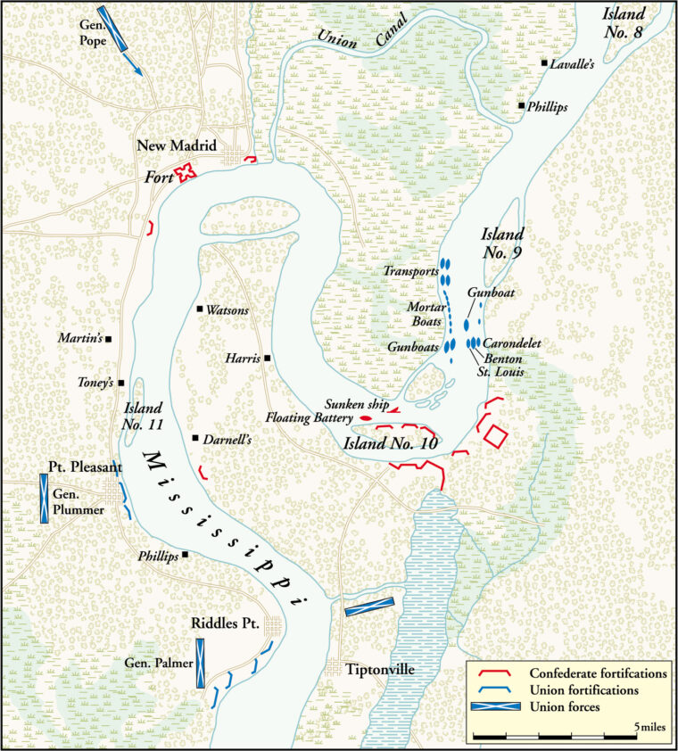 Positioned at a bend in the Mississippi River, Island No. 10 underwent a 19-day bombardment by Federal gunners.