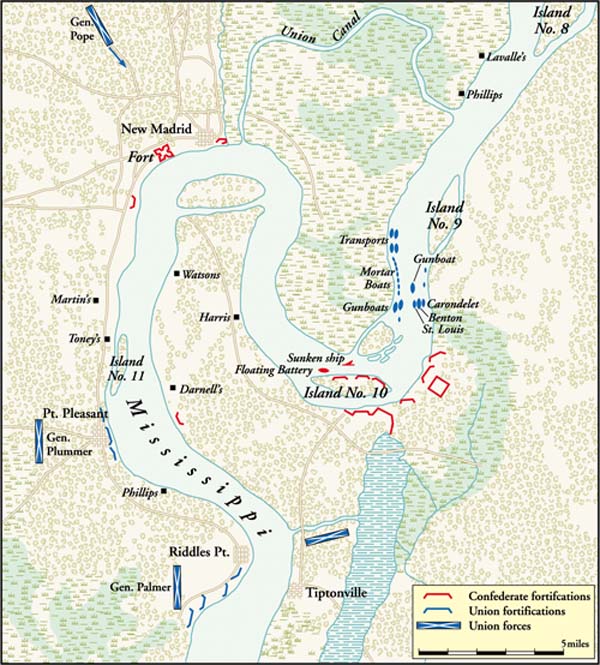 Positioned at a bend in the Mississippi River, Island No. 10 underwent a 19-day bombardment by Federal gunners.