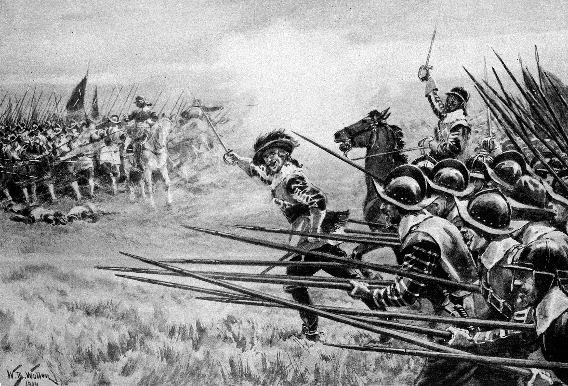 Royalist infantrymen, flourishing pikes, charge fiercely towards the New Model Army to open the Battle of Naseby.