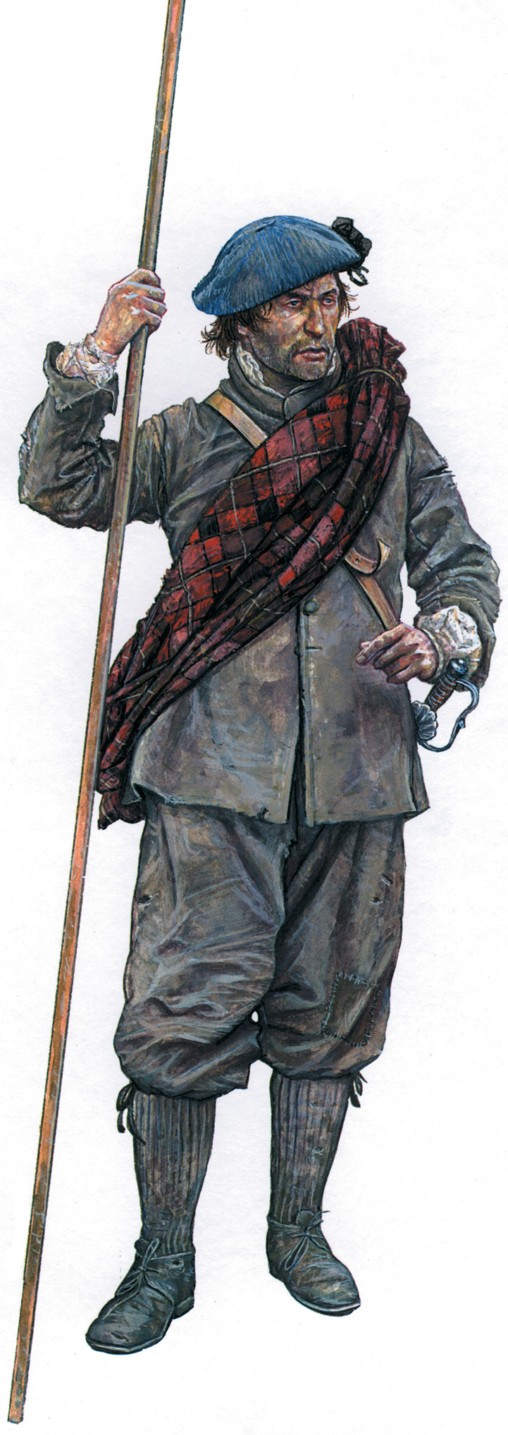 A pikeman, wearing a Scottish bonnet and armed with a 16 foot pike and a sword.