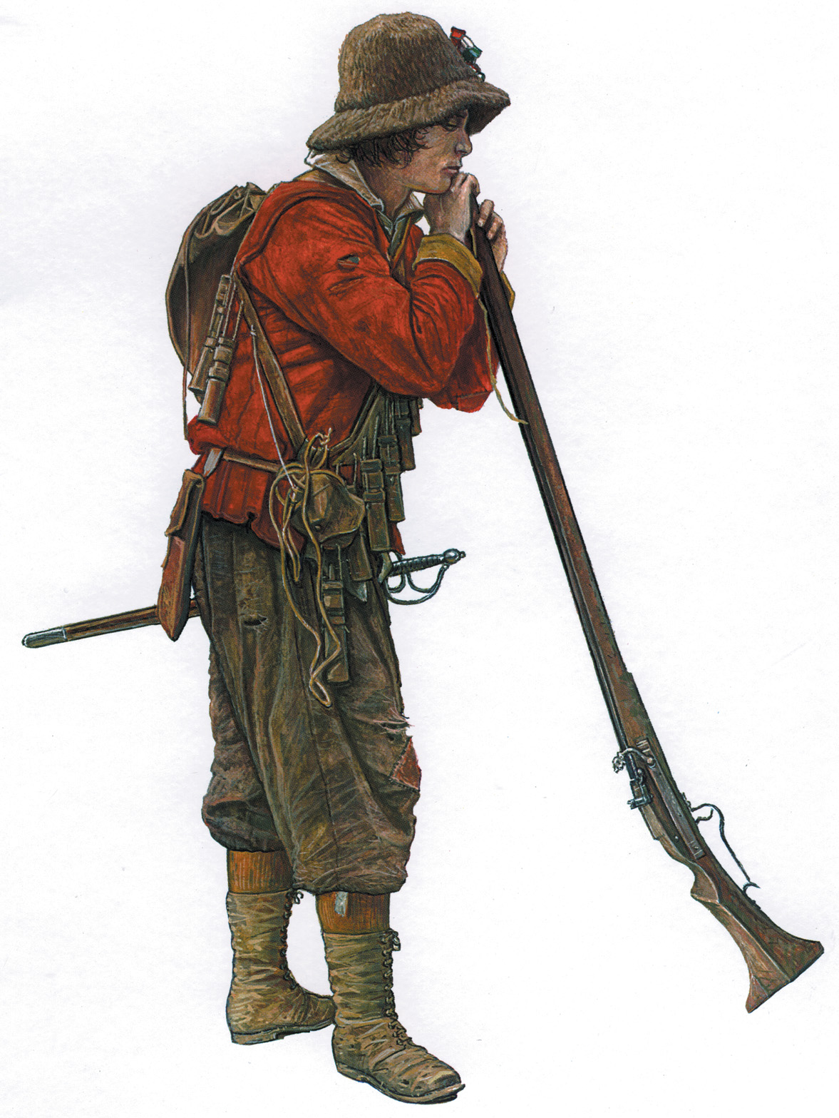 A British musketeer, uniformed for the first time in the now famous red coat, and armed with a matchlock musket and sword.
