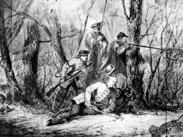 General Albert Sidney Johnston lies dying after a round struck him behind the right knee, severing his femoral artery.