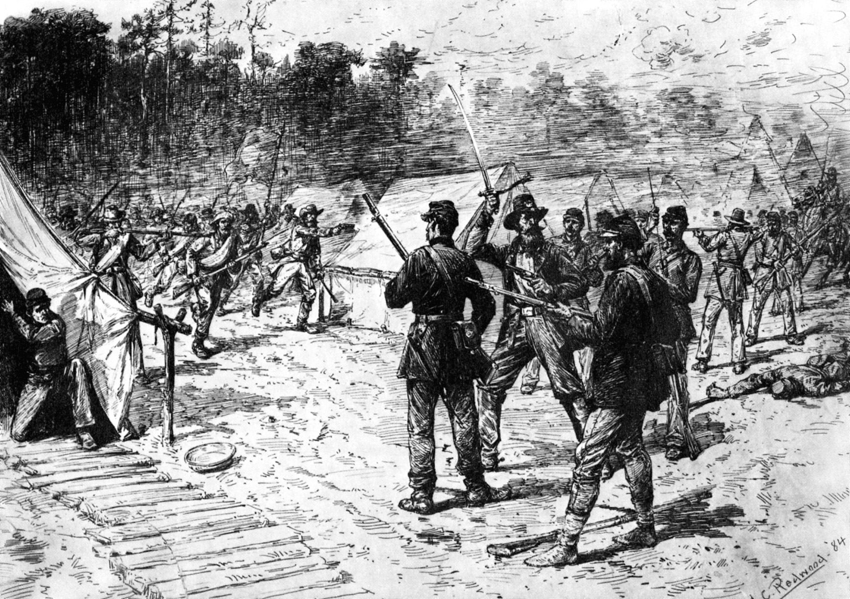 A hastily formed Federal battle line prepares to meet a mob of onrushing Confederates on the outskirts of the Federal camp during the first minutes of the battle on April 6, 1862. 