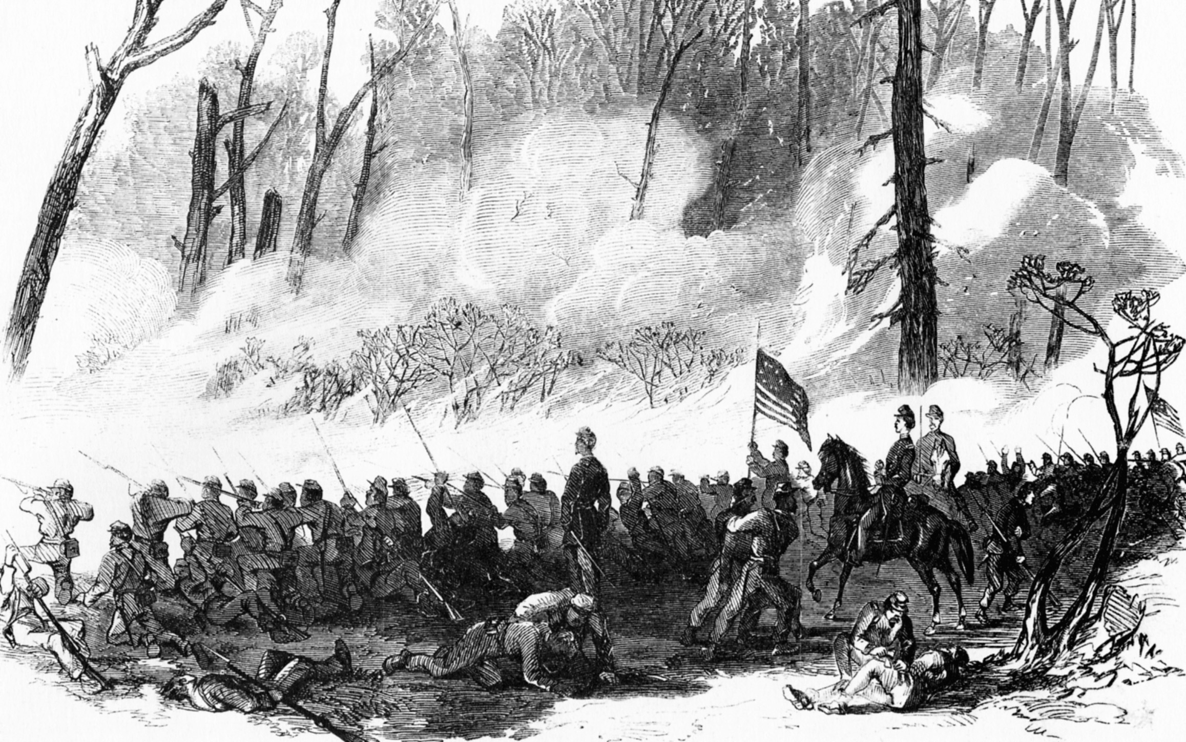 Men of the 44th Indiana exchange point-blank volleys with Confederates partially obscured by a raging brushfire that englufed the battlefield—burning many soldiers to death.