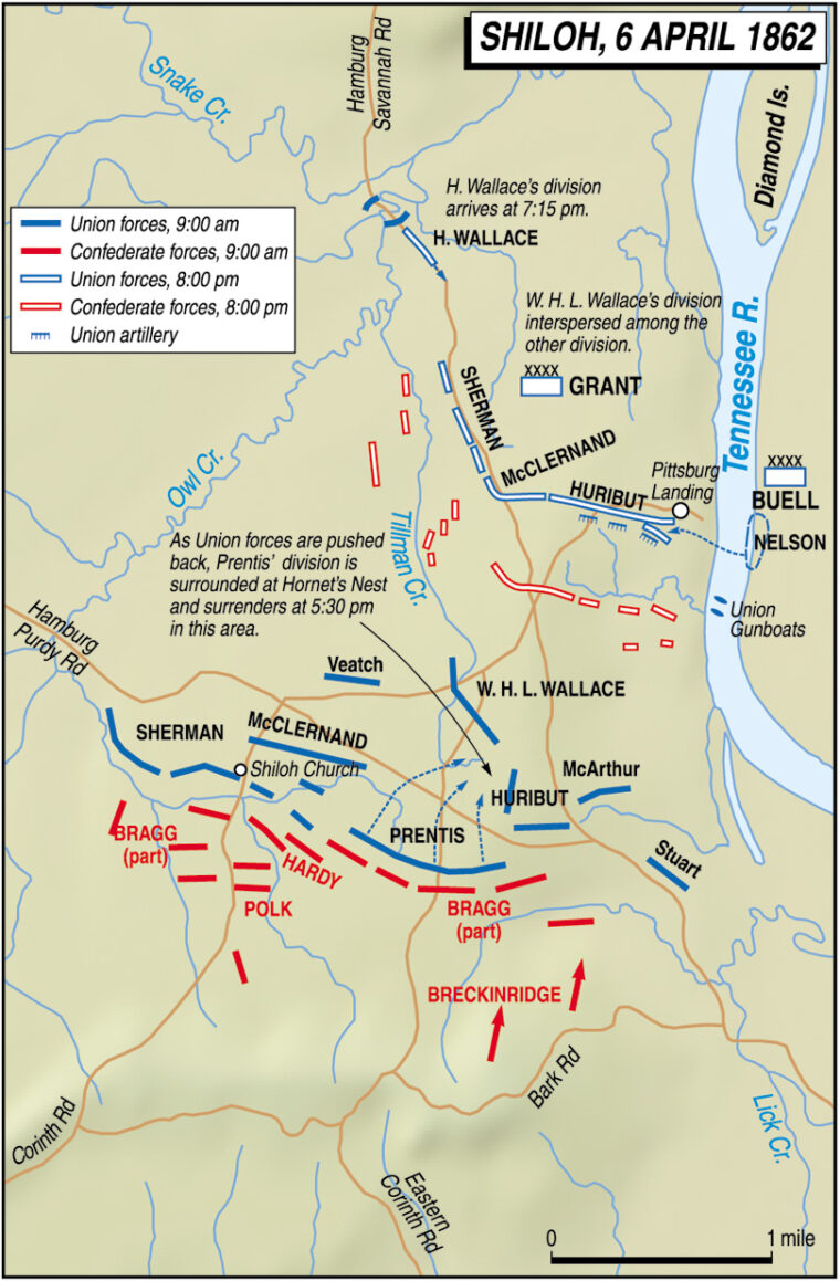 The first day of fighting would see Union forces driven back by Hardee and Bragg in the south, with Johnston being killed during the attack just east of the Hornet’s Nest.
