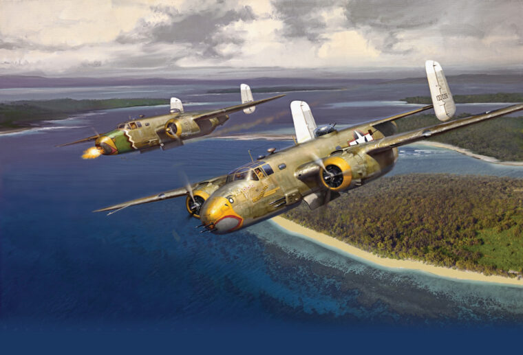 Their noses packed with blazing .50-caliber machine guns and their bomb bay doors open, North American B-25 Mitchell medium bombers streak toward a Japanese target in the South Pacific in this painting by Jack Fellows. Aircraft of the 38th Bomb Group participated in numerous raids such as this, including an attack on Kavieng, New Ireland, on February 15, 1944.