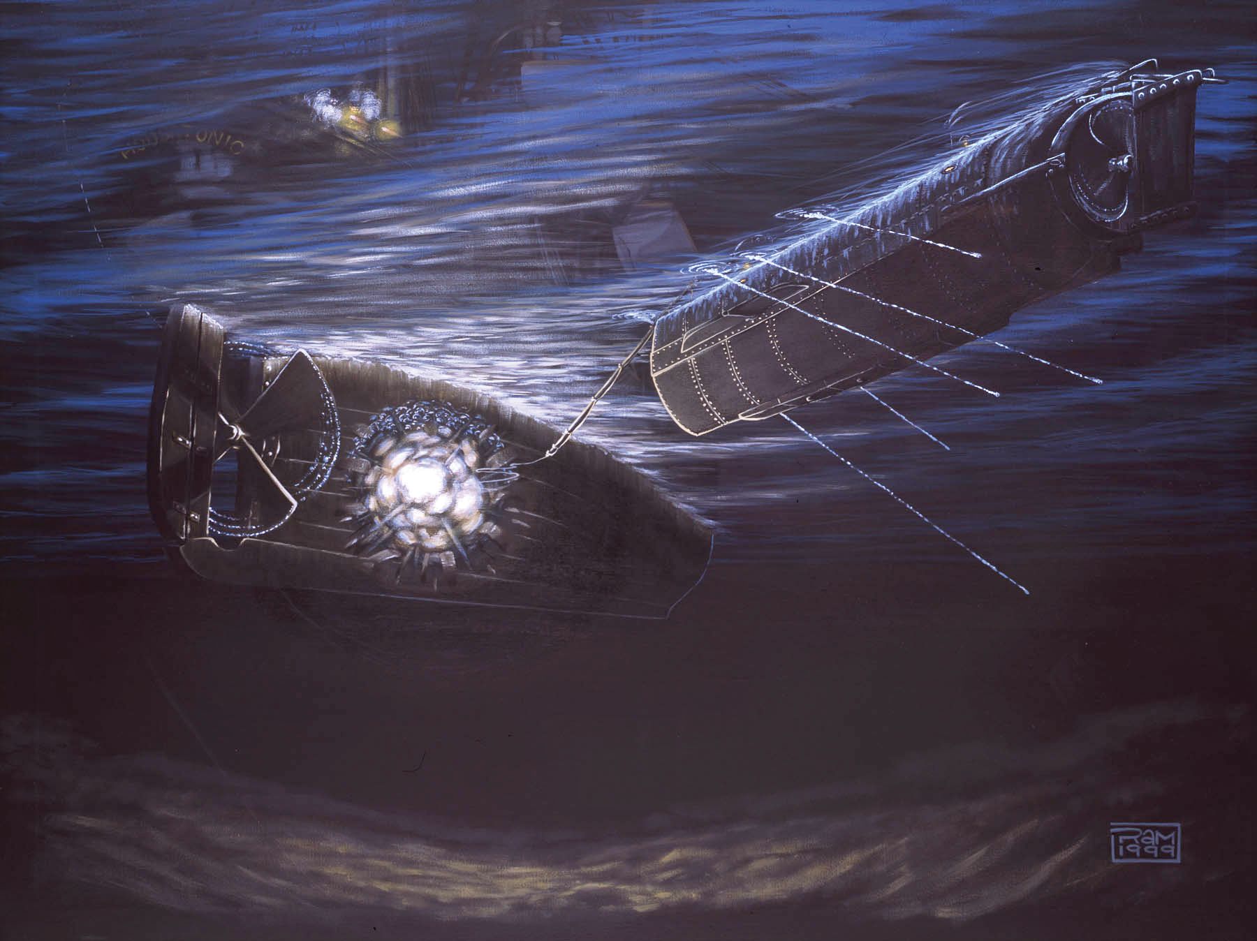 The Hunley‘s spar torpedo detonates against an underwater section of the USS Housatonic’s hull.