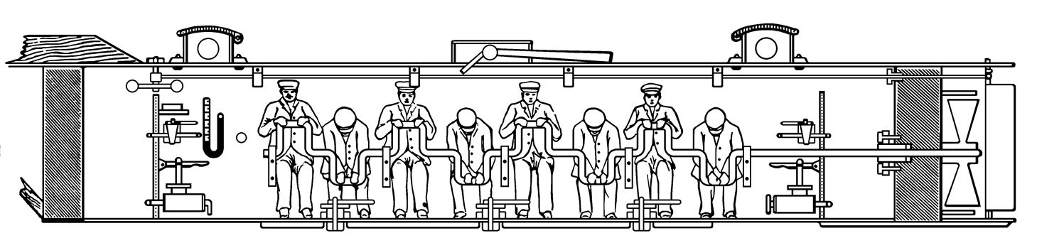 A diagram shows the submarine Hunley’s eight crew members cranking the propeller shaft.