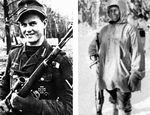 LEFT: German sniper Matthaus Hetzenauer was credited with killing dozens of Soviet soldiers on the Eastern Front. Along with fellow sniper Josef “Sepp” Allerberger, the two were responsible for approximately 600 kills. RIGHT: Finnish sniper Simo Hayha was nicknamed “White Death” and killed more than 500 Soviet soldiers during the Winter War prior to the outbreak of World War II.