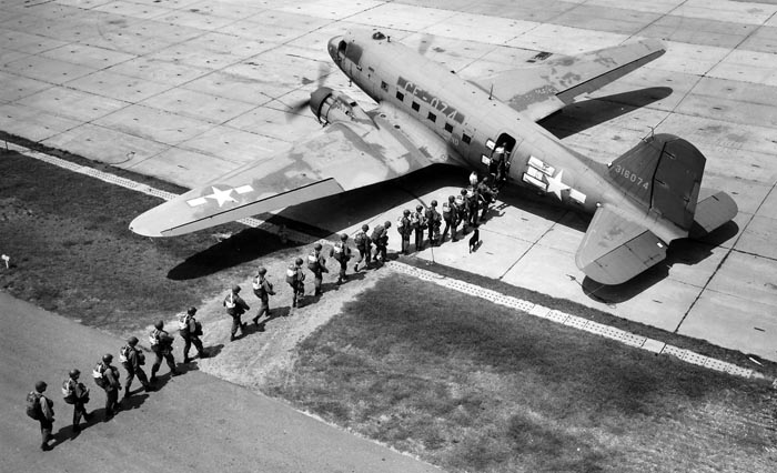 WWII paratroopers boarding C-47