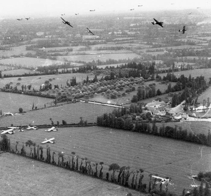 Gliders landing in Normandy on D-Day.