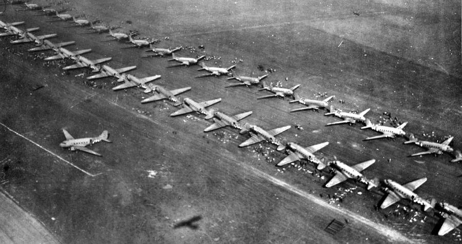 C-47 cargo planes ready for takeoff during Operation Market Garden