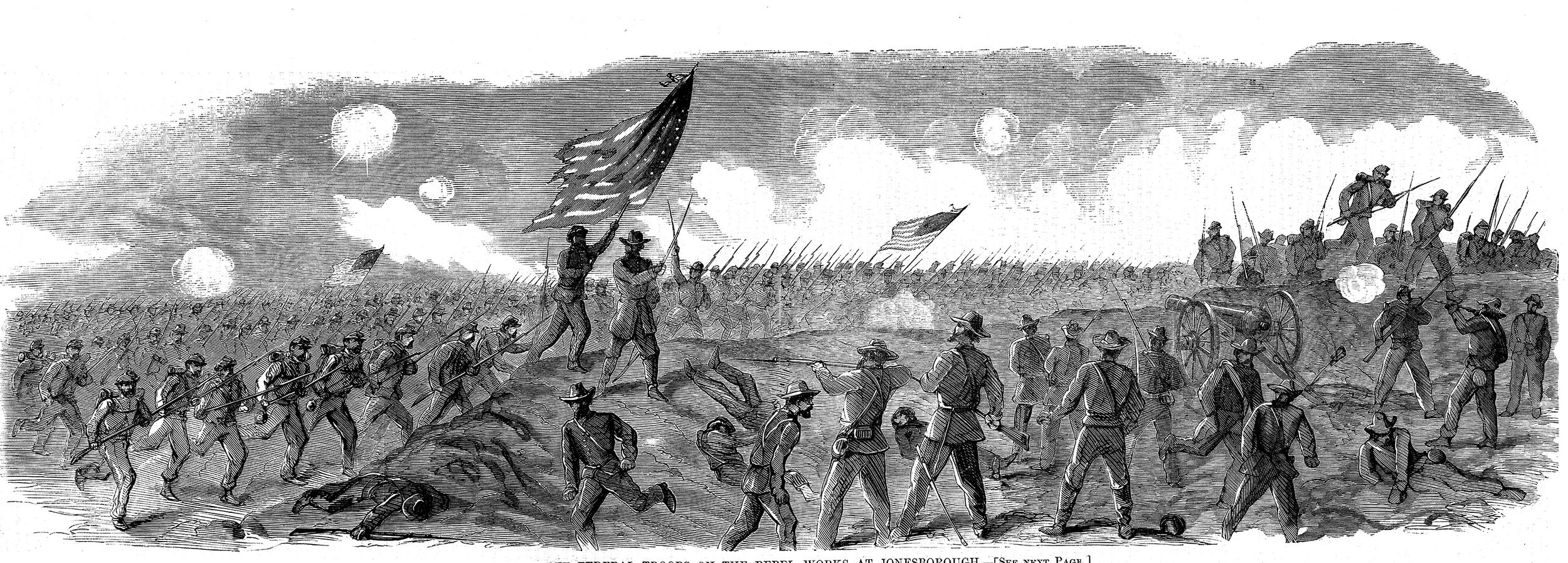 Yankees surge over the Confederate breastworks on the second day in a desperate effort to silence Rebel guns firing canister.