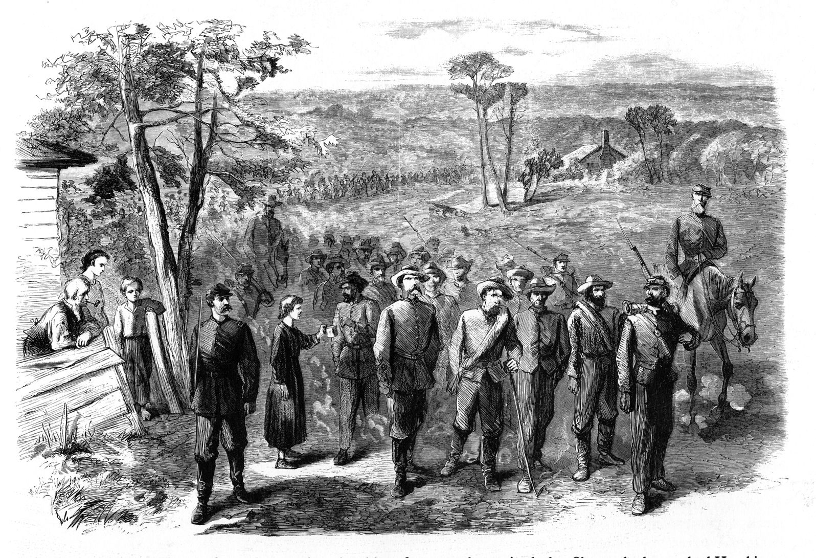 Federal guards lead Southern prisoners into captivity. Hood’s aggressive tactics at Atlanta proved unsuccessful.