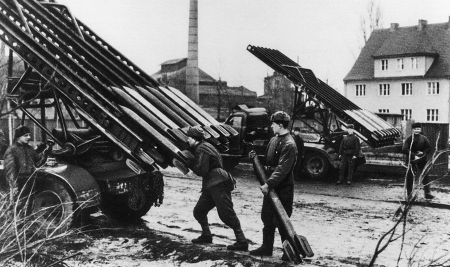 During their thrust across the Oder River in March 1945, Red Army soldiers position truck-mounted Katyusha rocket systems to fire on German positions.