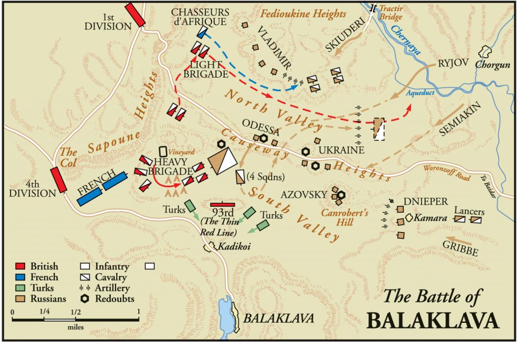 The offensive movements of the British army in the north and south valleys are clearly shown. The Light Brigade was fired on by Russian guns on Fedioukine Heights, as well as those to their front against which they charged.