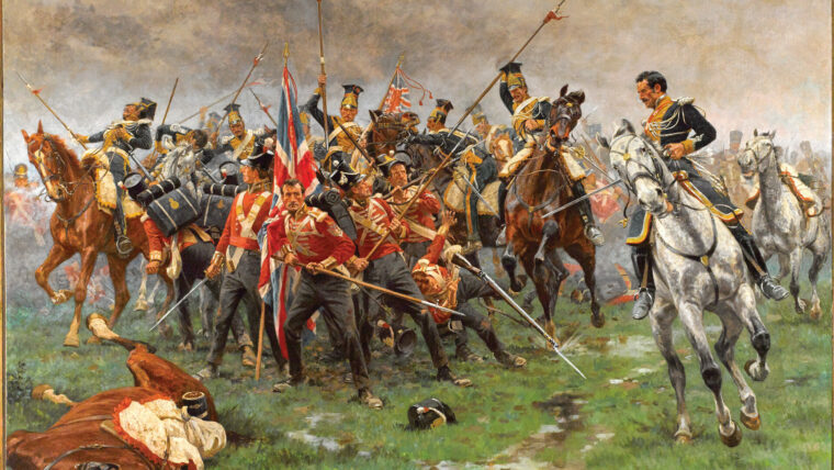 Polish lancers of the French army assail the 3rd Regiment of Foot at Albuera. The British soldiers had just deployed when a thunderstorm rendered their muskets ineffective.