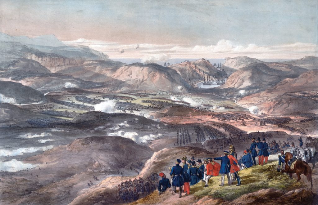 British commander Lord Raglan and his staff survey the battlefield from the Sapoune Heights. Raglan was horrified by his cavalry’s charge through a gauntlet of enemy artillery, but could do nothing to stop it once it was underway. 