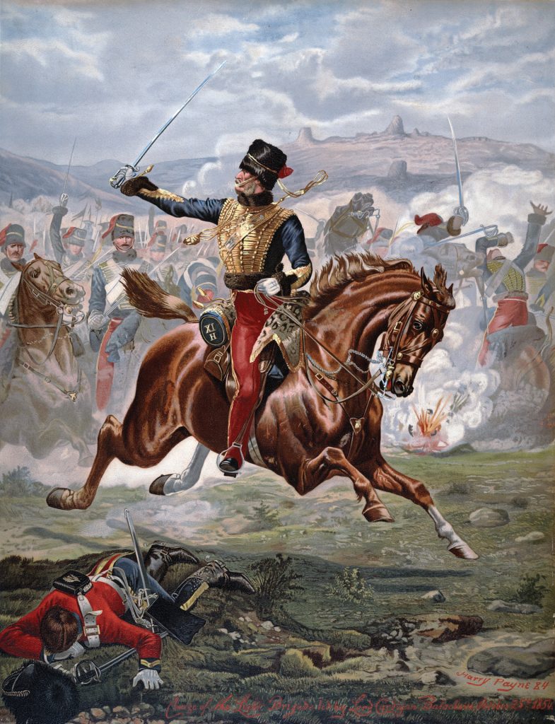 Lord Cardigan gallantly leads the charge of the Light Brigade at Balaclava. The advance resulted from a series of misunderstandings that resulted in a garbled version of Lord Raglan’s original order.
