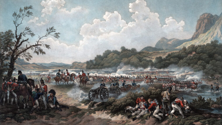 Sir John Stuart’s British army presses its attack against the French at Maida in a painting by Franco-British painter Philip James de Loutherbourg. London sent Stuart from Sicily to check the French aggression in Calabria.