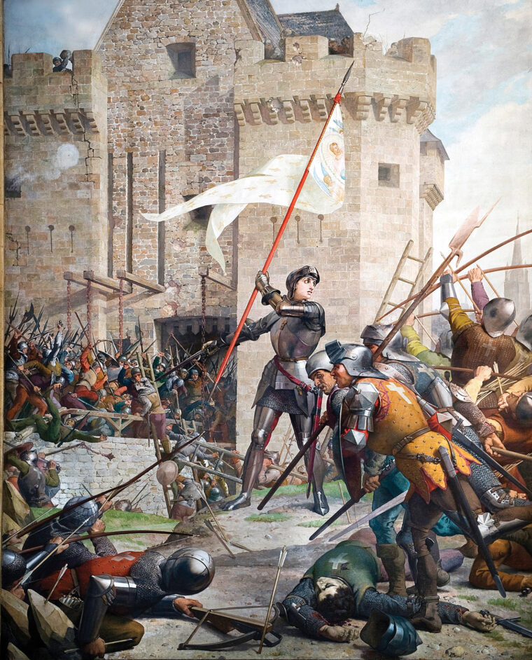 Joan of Arc waves her banner as French men-at-arms assault the English-held, fortified gatehouse known as Les Tourelles. Joan was wounded in the day-long assault.