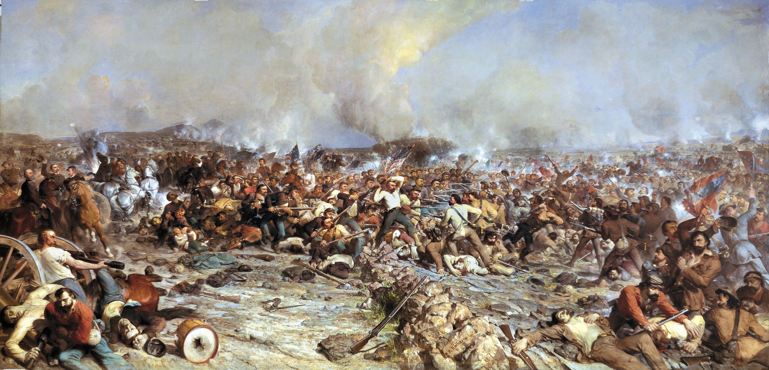 The Confederate high tide at Gettysburg broke at the low stone wall known as “the Angle,” where Pennsylvania, Massachusetts, and New York regiments beat back the heroic but doomed assault depicted in this epic painting by Peter F. Rothermel.