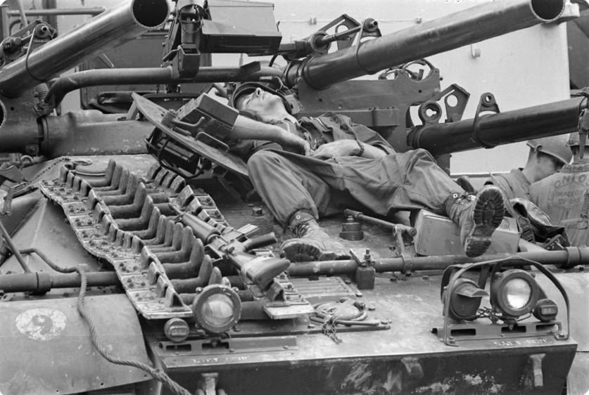 A crew member rests atop his Ontos in South Vietnam.