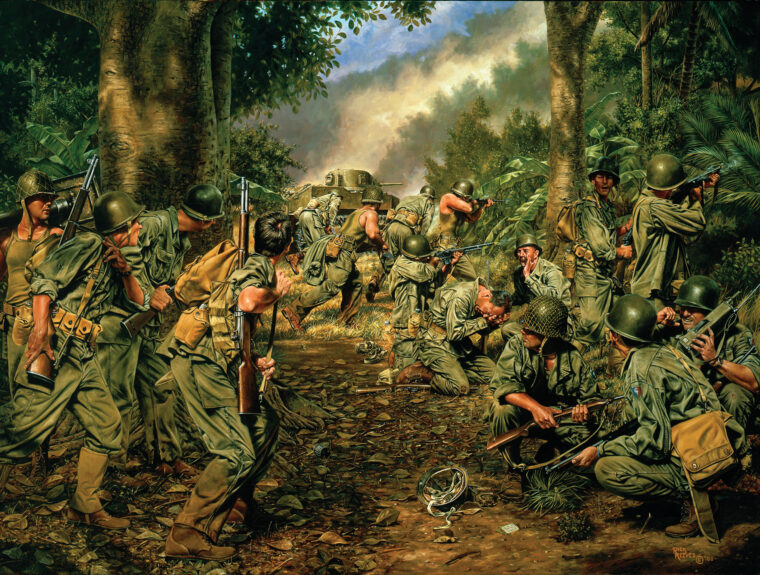 In this detailed painting by artist Rick Reeves titled Avengers of Bataan, soldiers of the U.S. 38th Infantry Division advance toward Japanese positions while under heavy fire during the bloody battle for Zig Zag Pass.