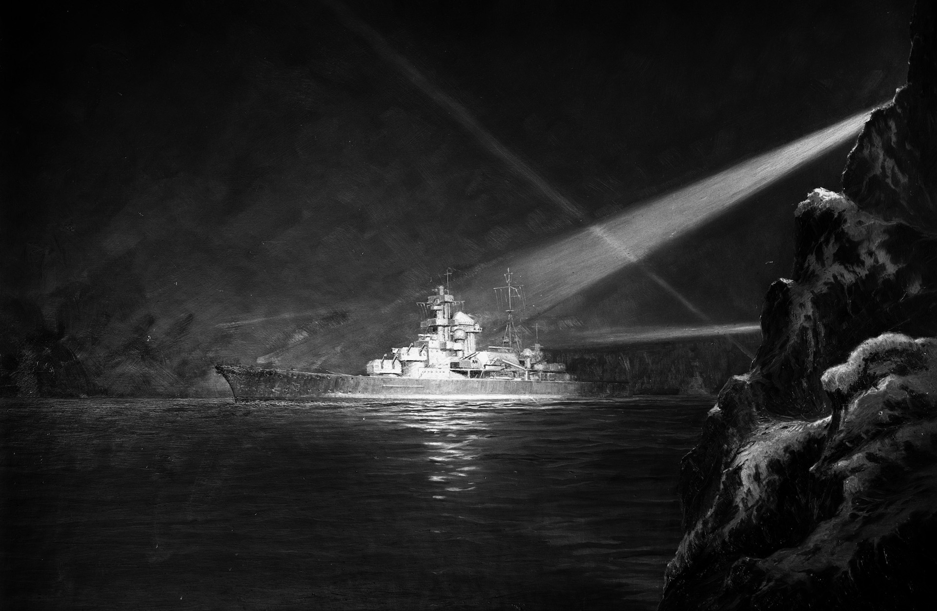 The Blücher is illuminated by Norwegian searchlights as coastal batteries prepare to unleash devastating fire on the enemy warship on April 9, 1940.