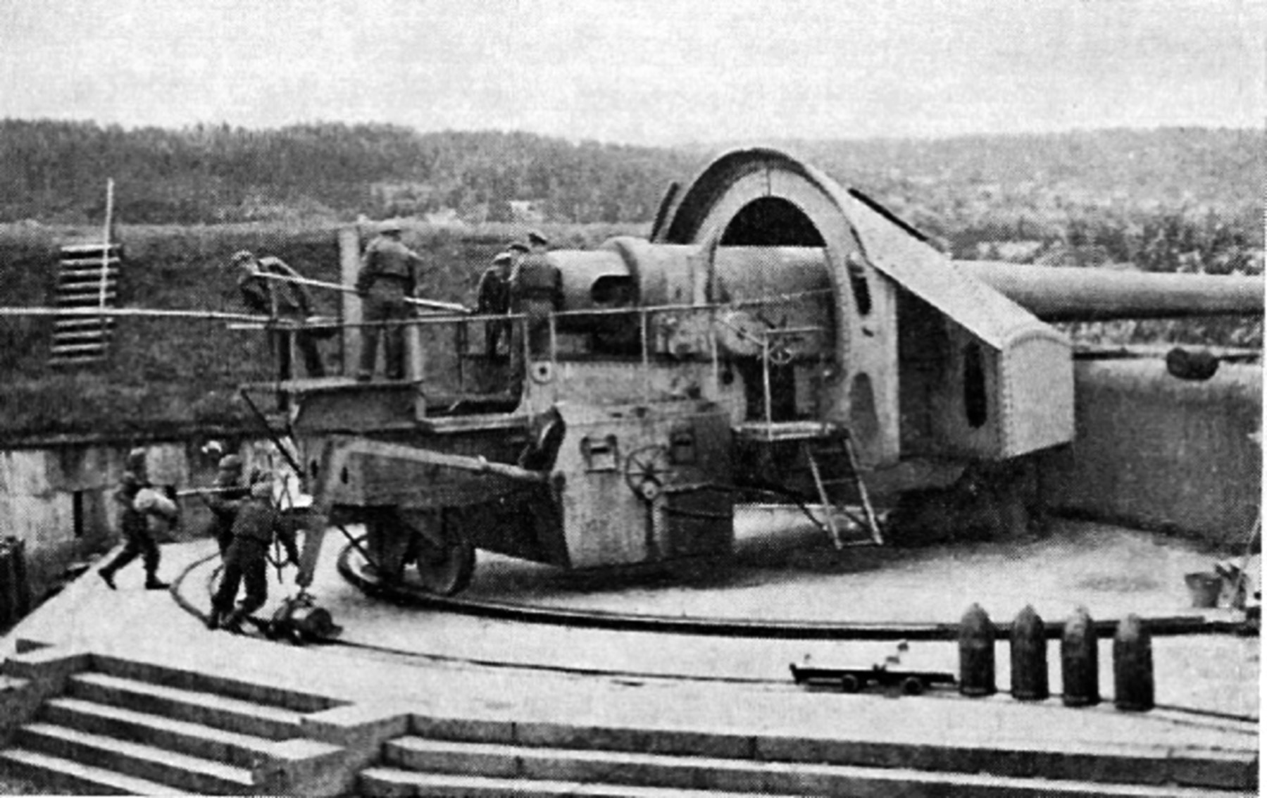 One of the gigantic 280mm guns used by the Norwegians to devastate the Blücher is shown in position at the Oscarborg Fortress. The crew was required to service the gun during the running battle without the benefit of protective cover.