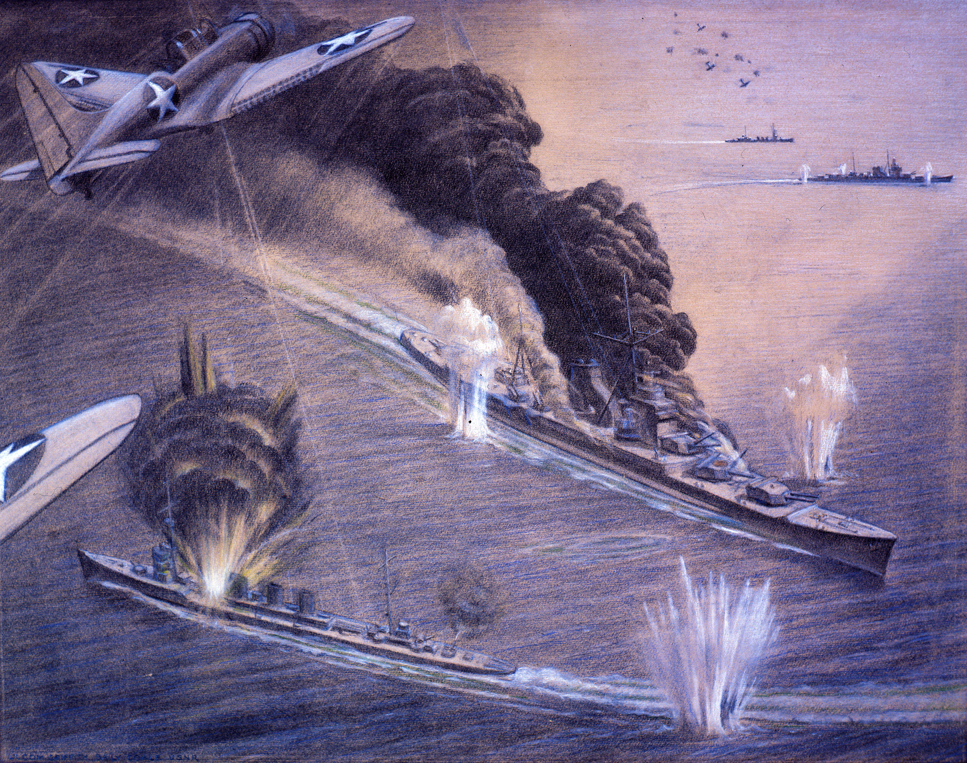In this painting of the Battle of Midway, forces of the Imperial Japanese Navy are under attack by American aircraft. During the battle, the cruiser Mogami and her sister Mikuma collided. Mikuma was eventually sunk, while Mogami was heavily damaged.