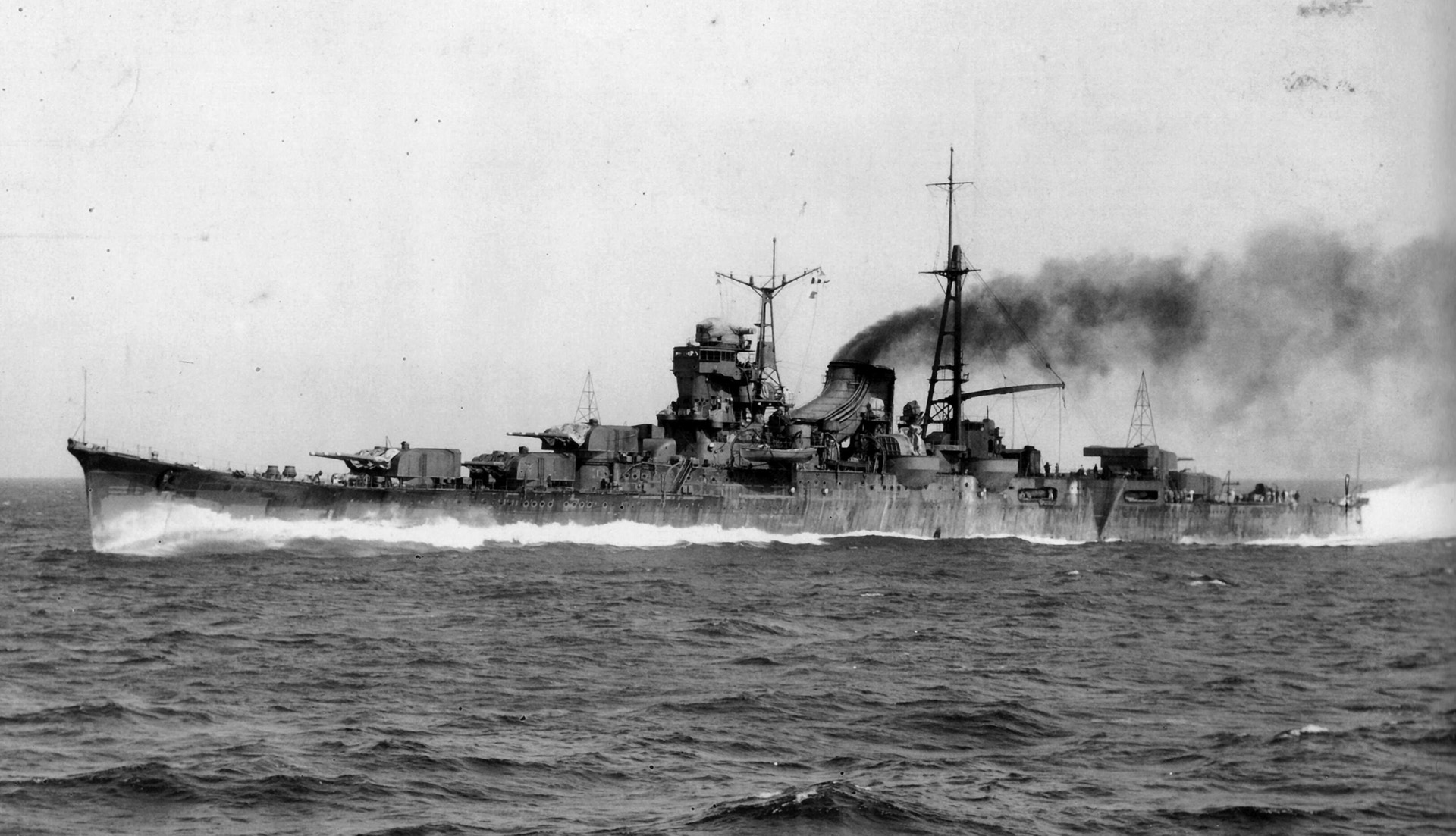 The Japanese heavy cruiser Mogami, photographed before the outbreak of World War II, steams high speed. Mogami ‘s career was lengthy but plagued with mishaps. 