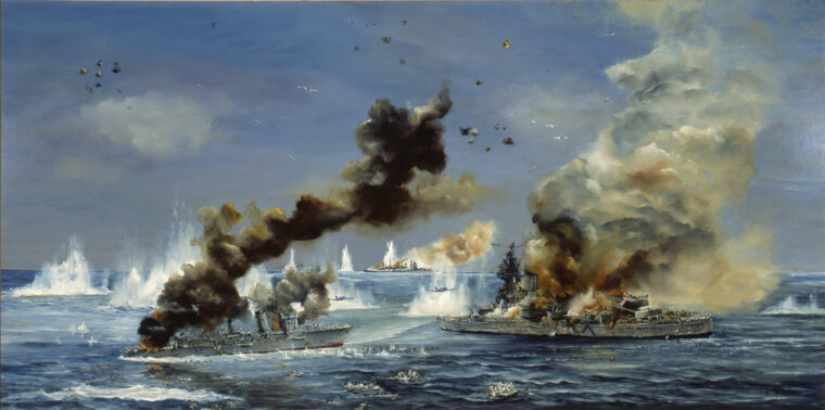 In this painting by artist John Hamilton, the Japanese cruisers Mogami and Mikuma writhe under heavy American air attack on the last day of the Battle of Midway. Mikuma was sunk, but the seriously damaged Mogami managed to limp away to safety.