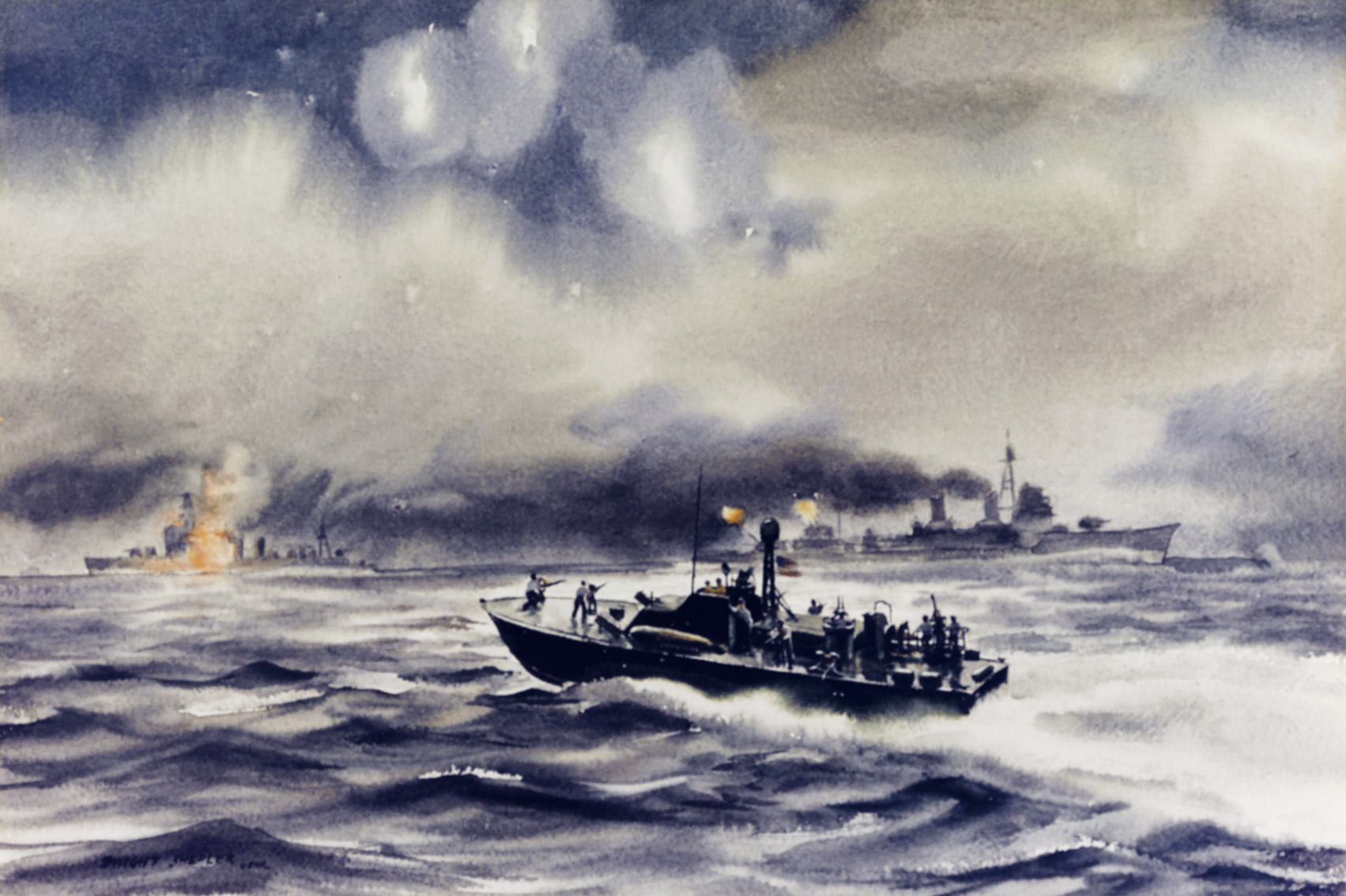 American PT-boats like the one in this artist’s rendering struck the first blows during the Battle of Surigao Strait. The Mogami was severely damaged in the one-sided battle and later her blackened hulk was sunk. 
