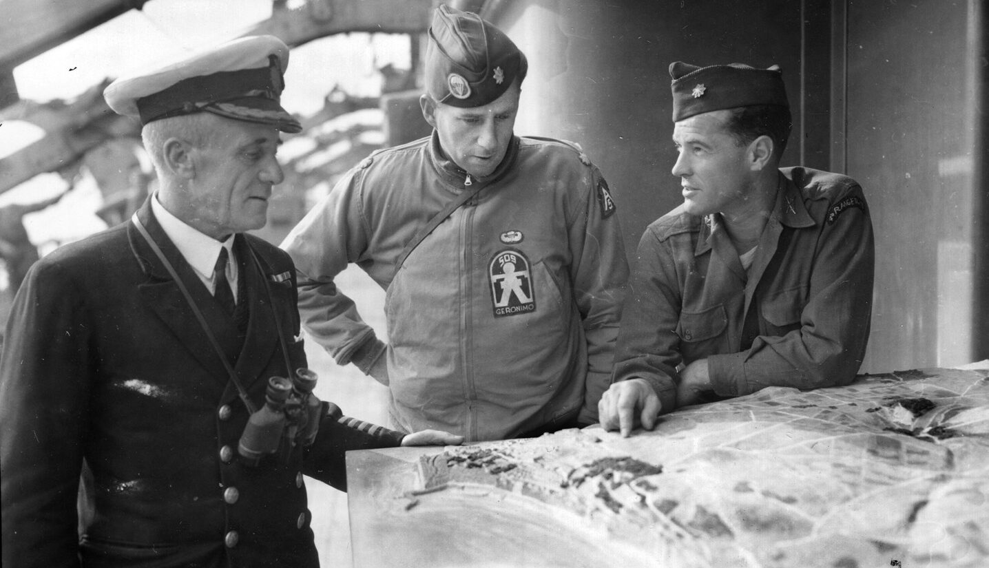 Prior to the Anzio landings in January 1944, Lt. Col. Bill Yarborough talks with Lt. Col. Roy A. Murrey, commander of the U.S. 4th Ranger Battalion.  