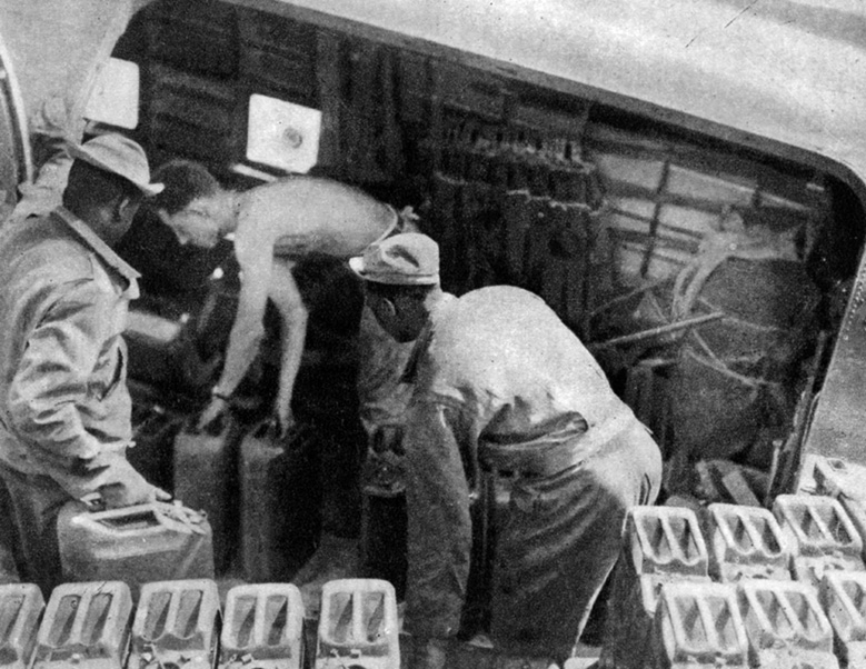 Five gallon Jerry cans of gas or diesel were regular cargo on 442nd Troop Carrier Group aircraft. 