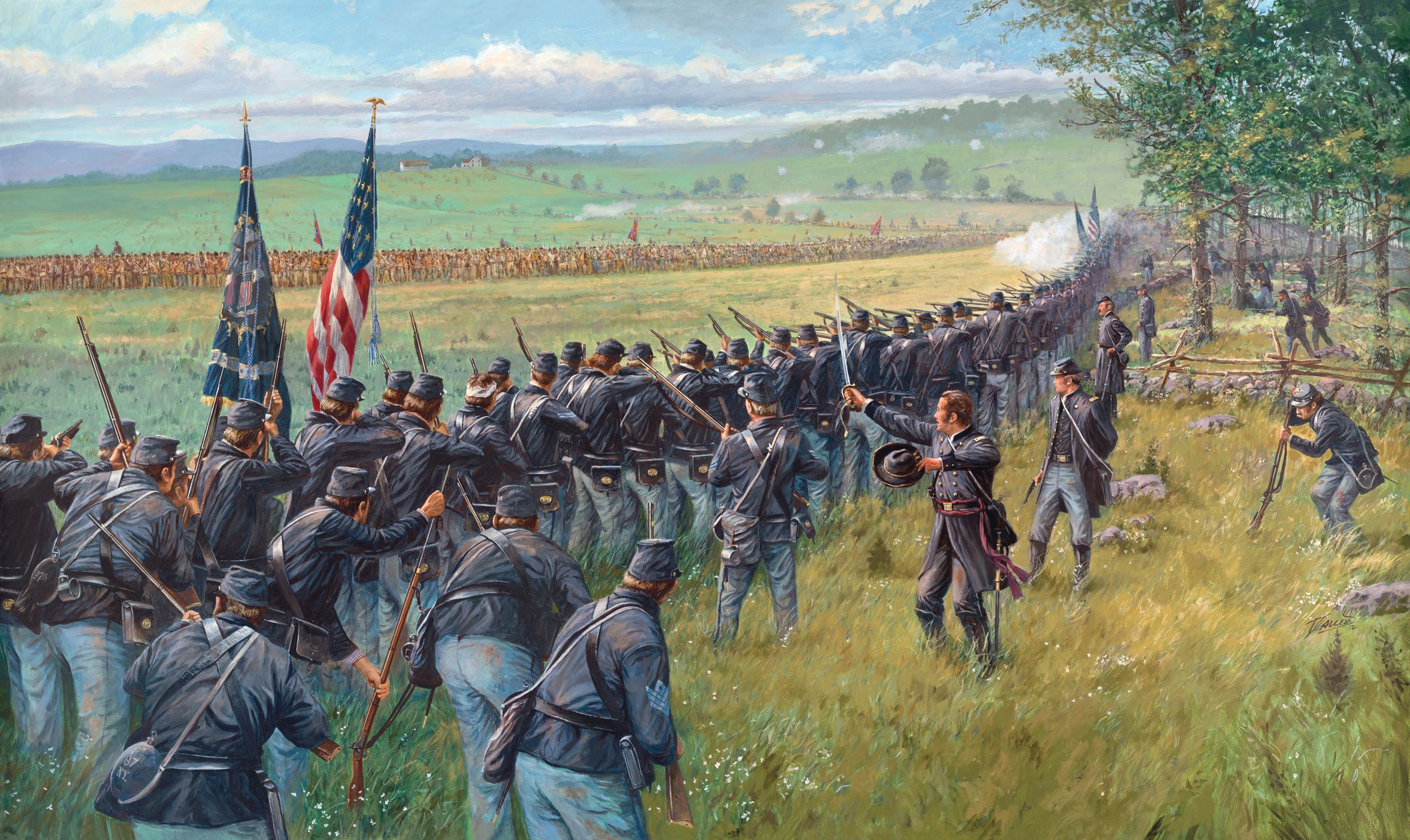 Brig. Gen. Alfred Iverson’s North Carolinians engage the Union I Corps in a painting by Dale Gallon. Iverson’s Tarheels were shot to pieces by Union musketry.