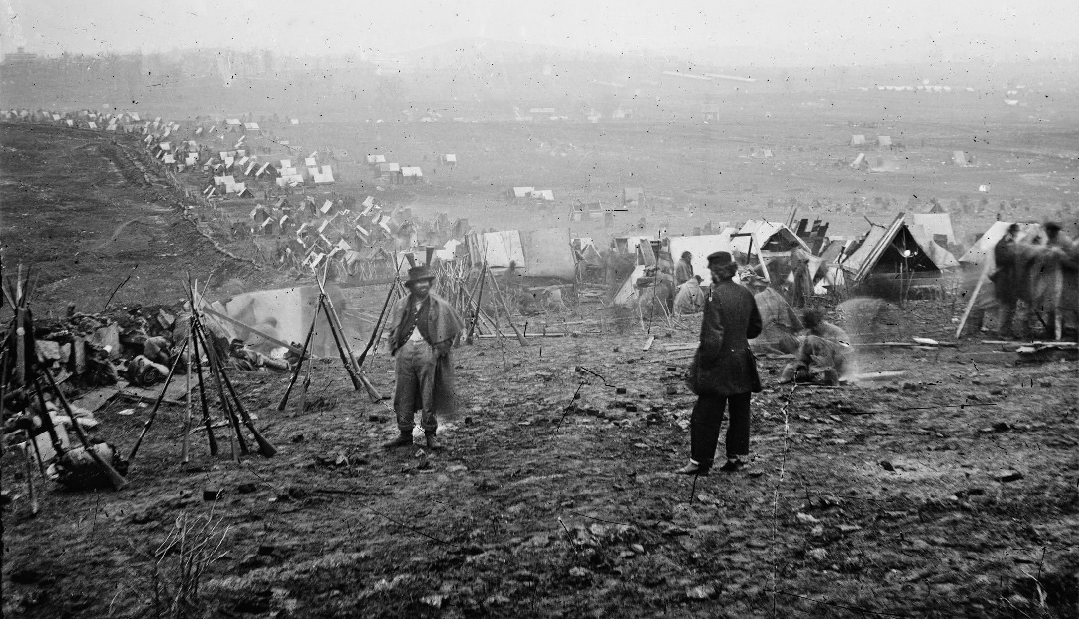 A photograph of Union troops deployed on the southern outskirts of Nashville shows how close the Union troops were encamped to their fortifications. Thomas hammered the Confederates in two days of fighting, sending them scurrying south in panic.