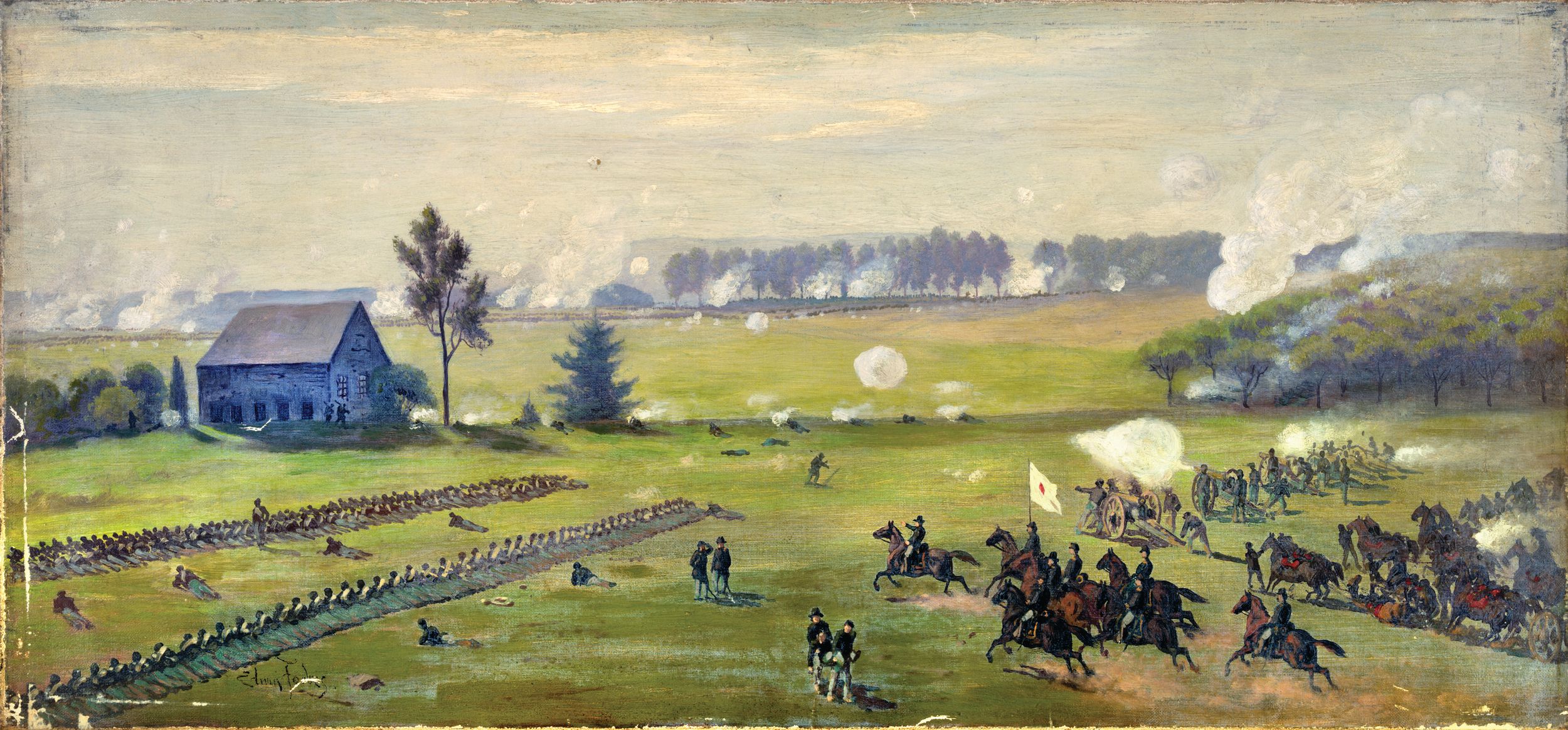 Union infantry lie prone during the Confederate artillery bombardment that preceded Longstreet’s attack in a painting by combat artist Edwin Forbes. Sickles’ small corps of two divisions was not sufficient to successfully defend a frontage greater than that it had on Cemetery Ridge.
