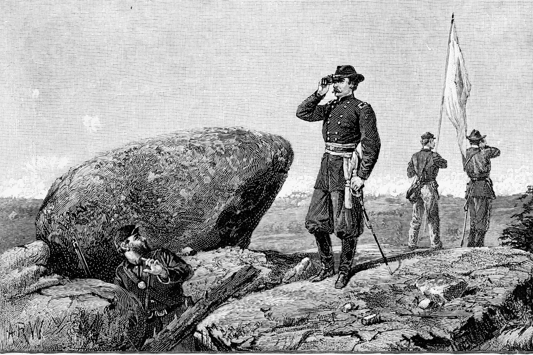 Union chief engineer Gouverneur K. Warren observes the Confederate attack from the Union signal station atop Little Round Top. Fortunately, Strong Vincent's brigade was headed that way.