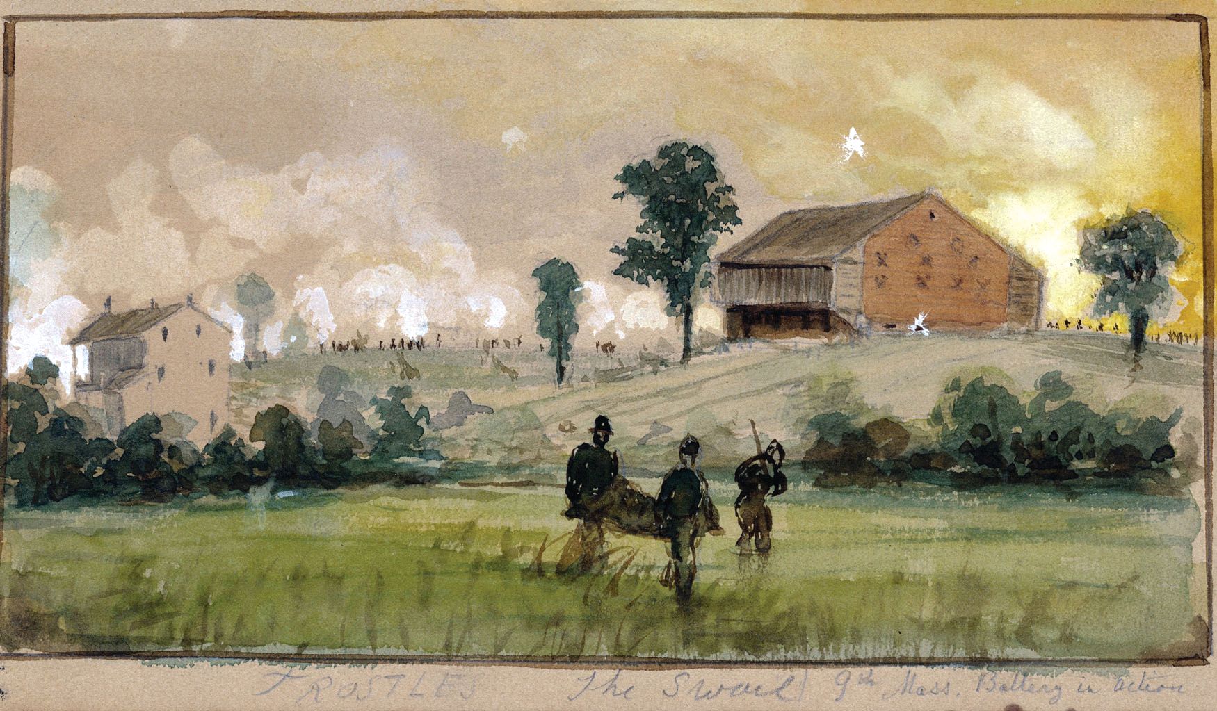 Captain John Bigelow’s 9th Massachusetts Battery, which was ordered to hold its position no matter the cost, is shown in action in a sketch by one of its men.
