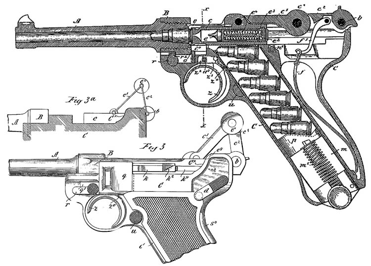 The patent drawings for the famed German Luger pistol reveal its inner complexity. The Luger was a reliable pistol that was often worn as an officer’s sidearm.