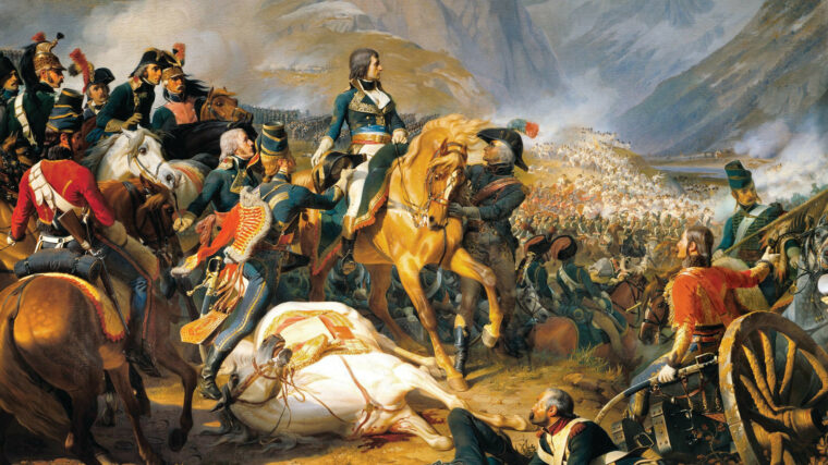 Napoleon Bonaparte changes to a fresh horse as his Army of Italy engages the Austrians at the town of Rivoli Veronese above the Adige River.