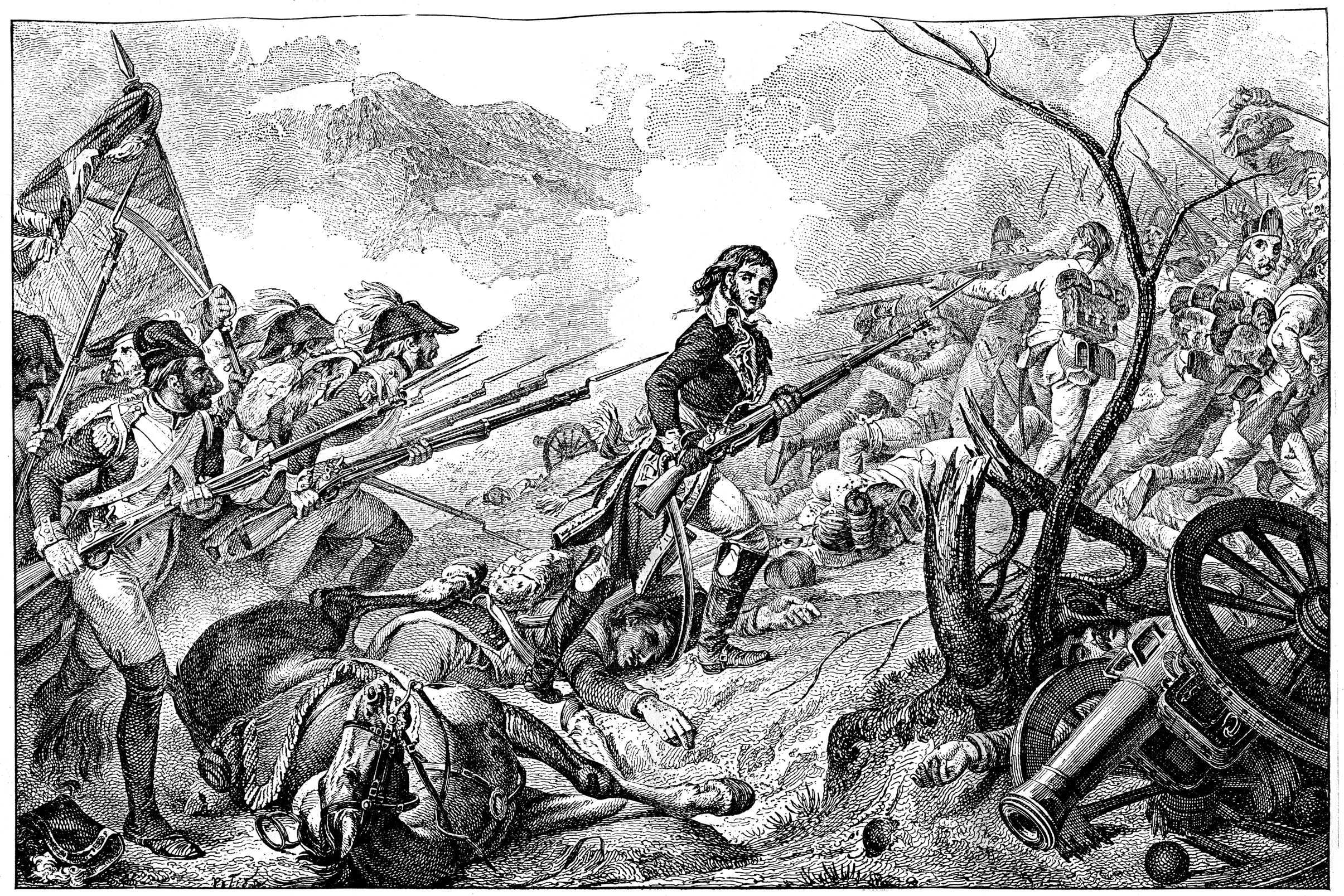 General Barthelemy Joubert leads his men in a charge against the wavering Austrians. Napoleon’s victory at the Battle of Rivoli forced the Austrians to abandon Lombardy and accept an unfavorable peace treaty.