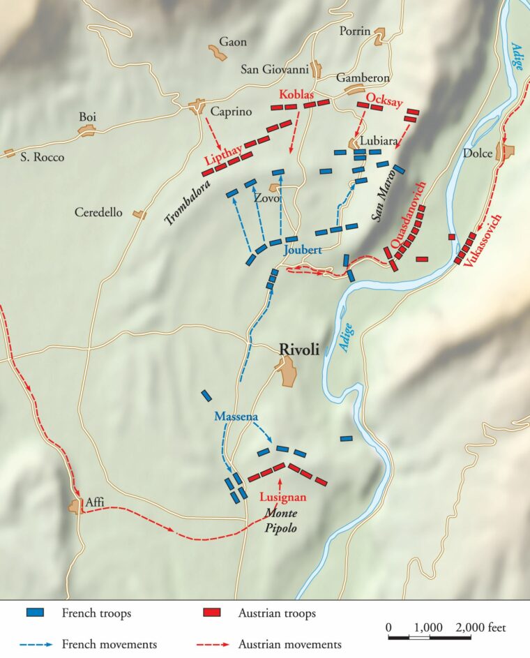 Austrian General Joszef Alvinczy’s columns failed to arrive on schedule at the Battle of Rivoli. This allowed Napoleon ample time to consolidate his forces and arrive in time to personally direct them.