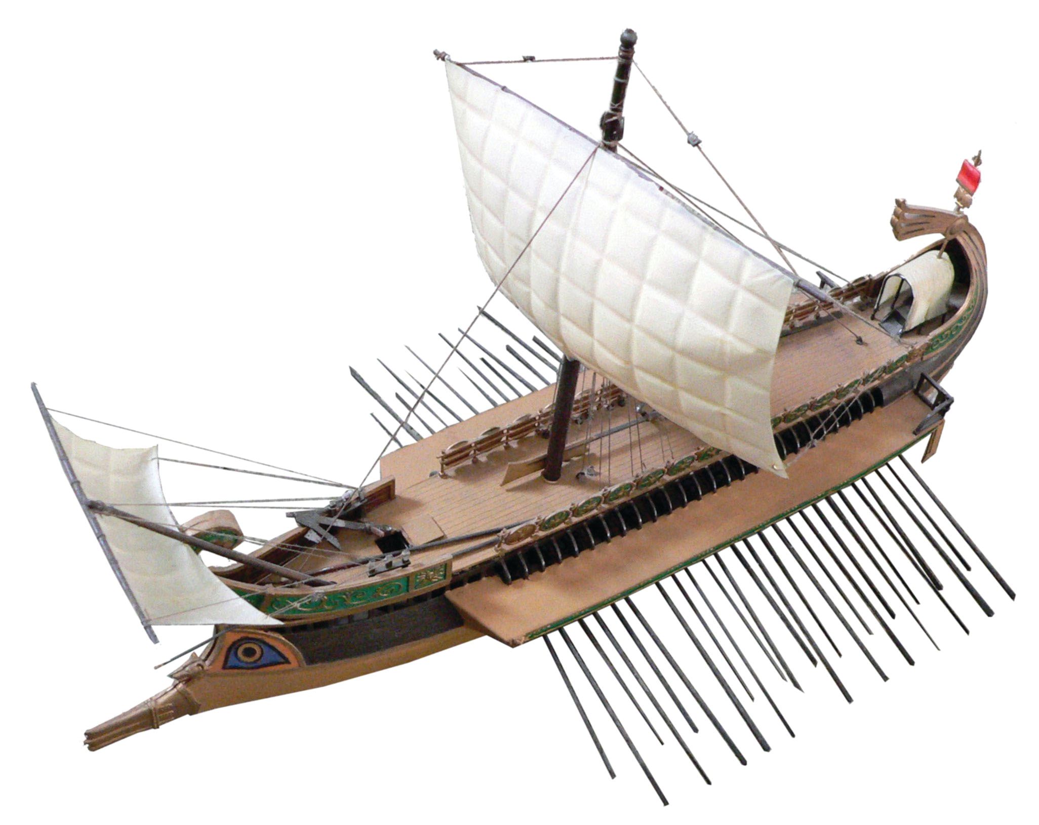 A trireme's name derived from its 
three banks of oars with one rower to each oar.  Larger quinqueremes likely had three banks of oars, but with two men per oar. 