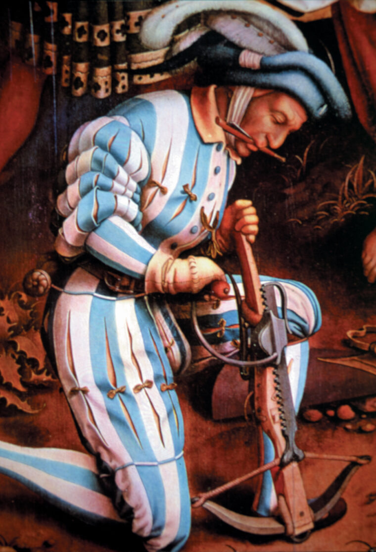 A 16th-century soldier uses a cranequin to draw back the string of his crossbow. the cranequin was a late mechanical adaptation that made the weapon easier to cock.