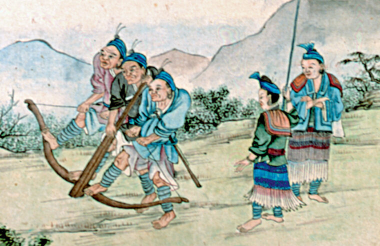 Three Chinese are drawing back the string of a huge crossbow. The weapon changed the face of warfare in China.