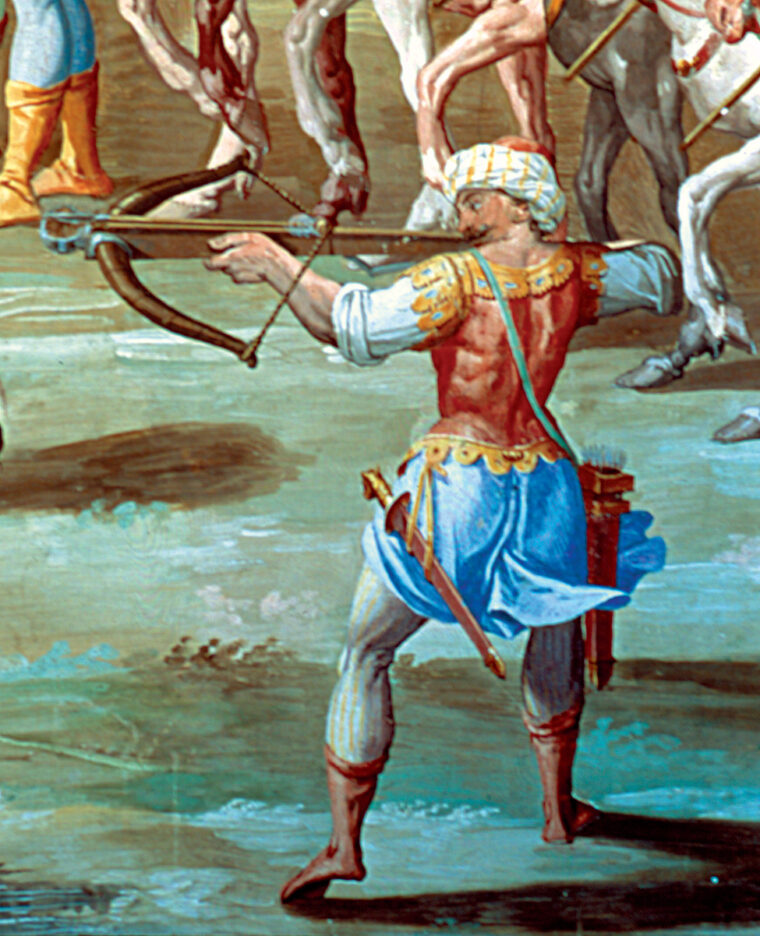 A Moor takes aim with his crossbow while fighting against the Spanish in the 1431 Battle of Higueruela. Some crossbow bolts could pierce armor. 