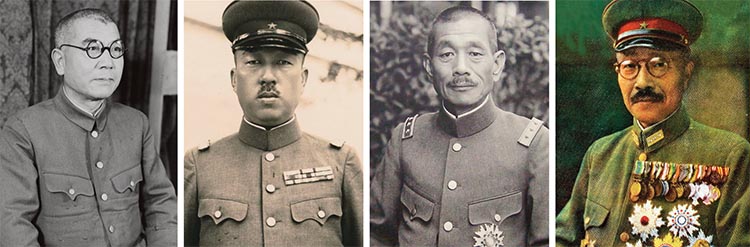 Left to right: Akira Muto, Seishiro Itagaki, Iwane Matsui; Hideki Tojo